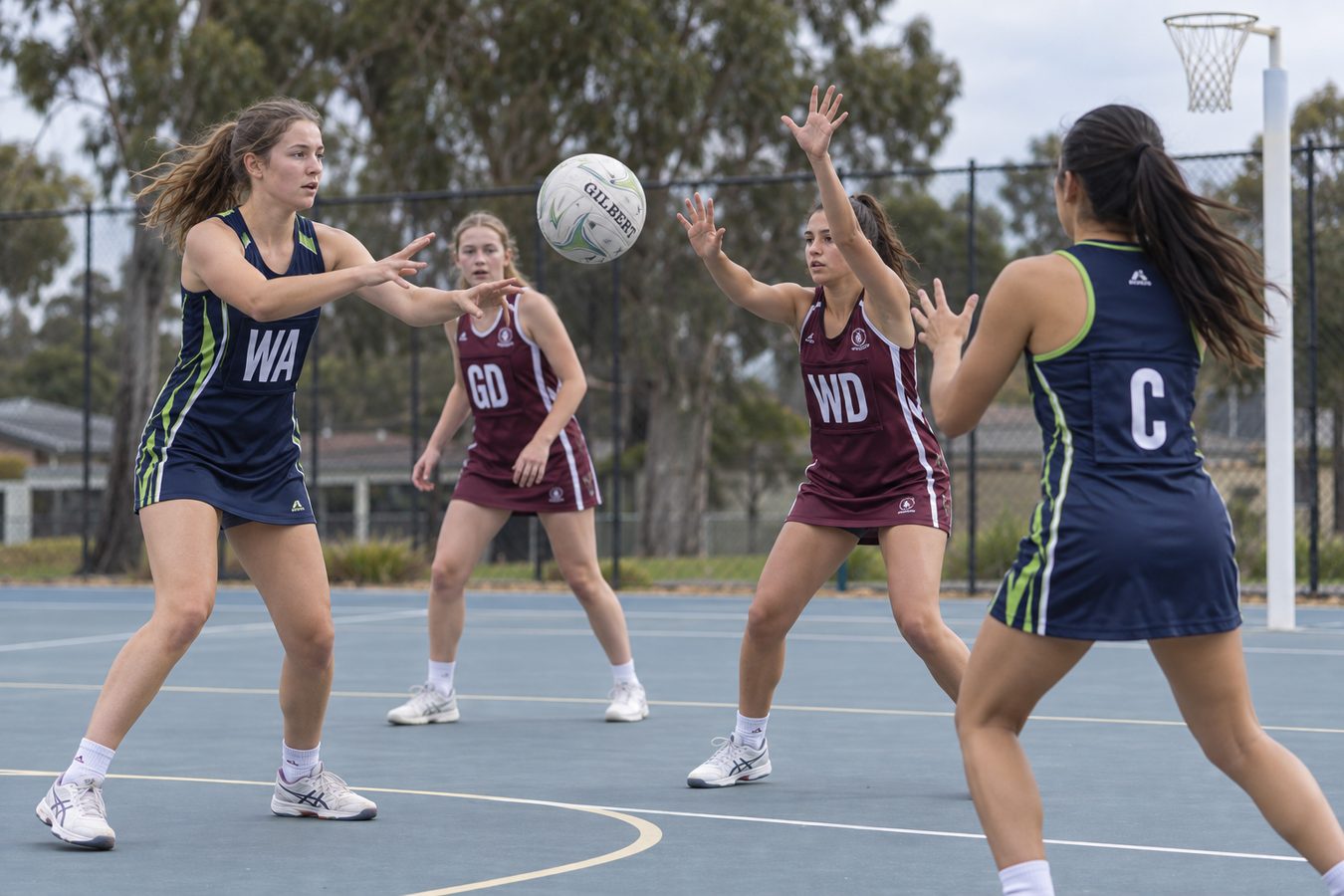 Four players contest a pass in a game, arms up on defence