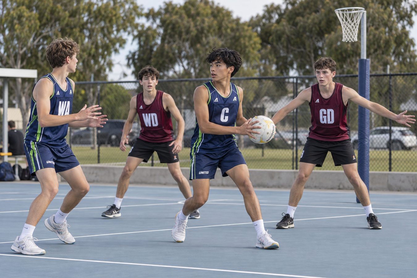 A Coastal United centre looks for a pass under pressure from two defenders