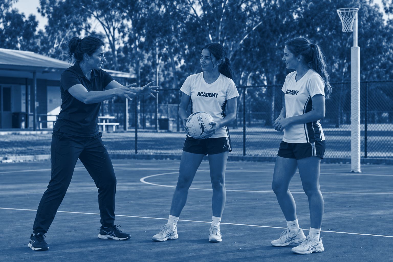 An adult coach demonstrates passing technique to two Academy players